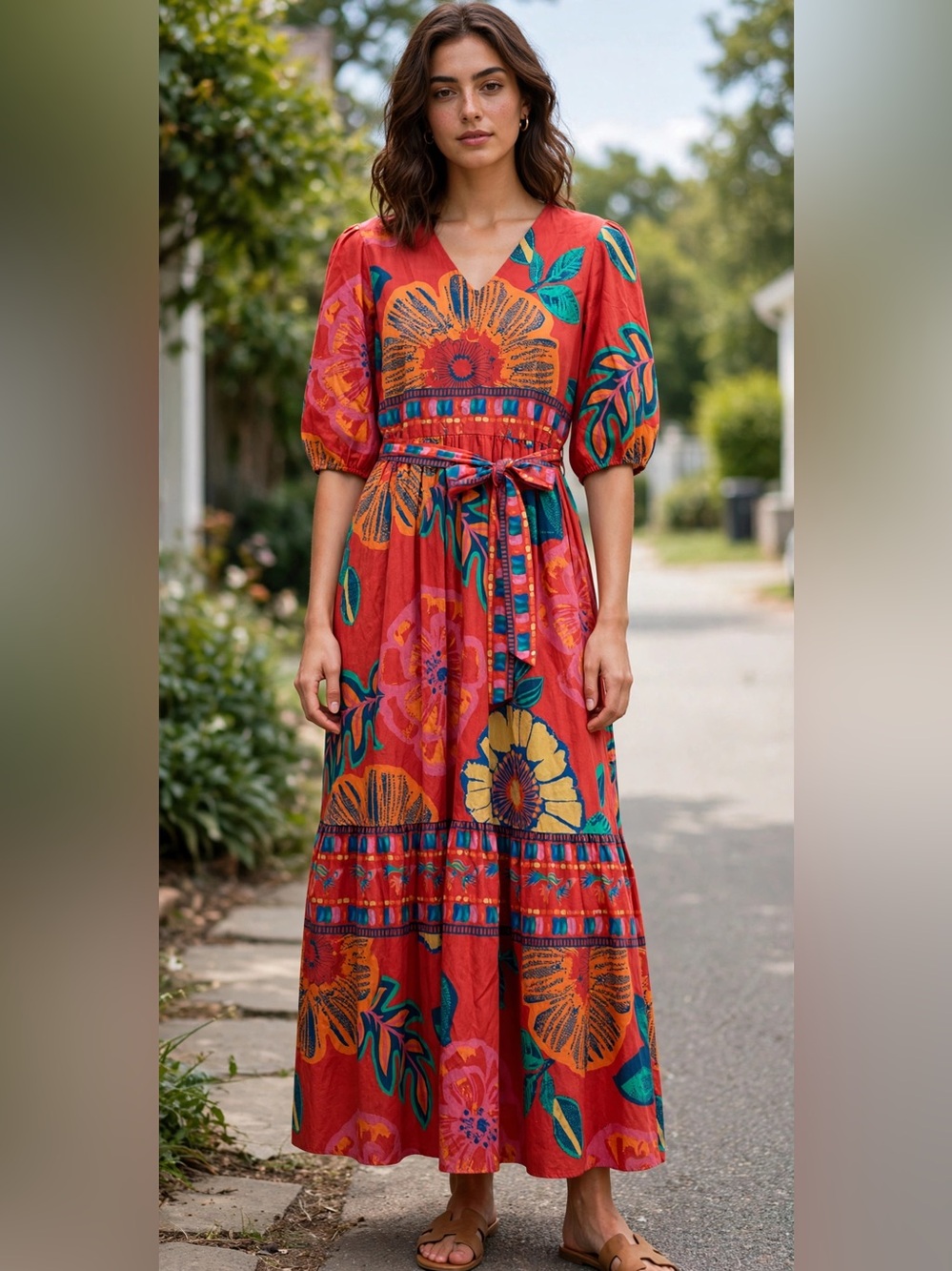 Maude Vivante Tropical Floral Maxi Dress L | 100% Cotton Farm Rio Style Boho